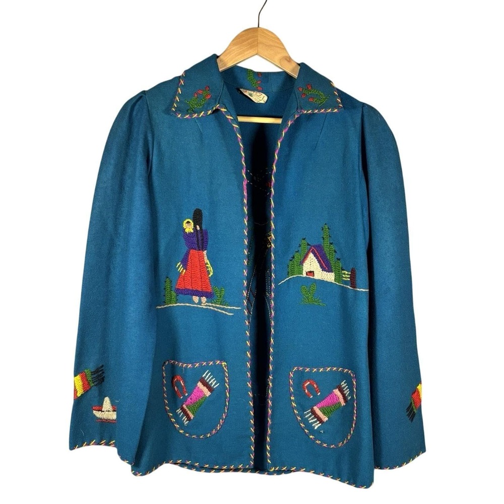 Vintage 1940s-1950s Lopez 100% Wool Mexican Souvenir Jacket -Hand Embroidered‎